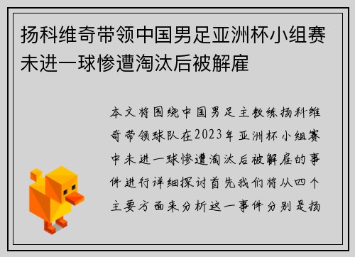 扬科维奇带领中国男足亚洲杯小组赛未进一球惨遭淘汰后被解雇