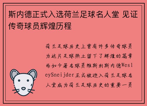 斯内德正式入选荷兰足球名人堂 见证传奇球员辉煌历程