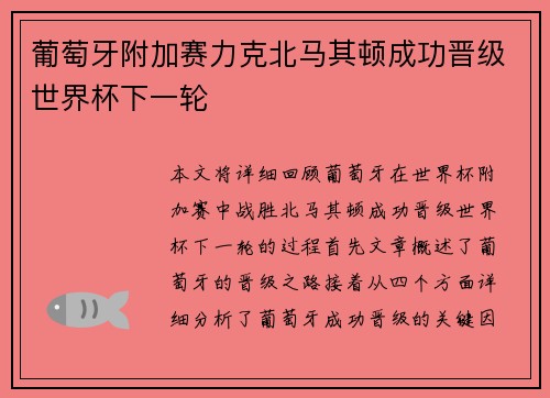 葡萄牙附加赛力克北马其顿成功晋级世界杯下一轮